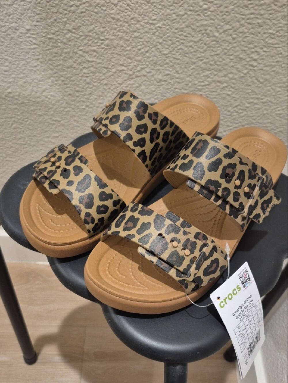 CROCS Leopard Print Dual-Strap Sandals in Tan and Black - Picture 2 of 8